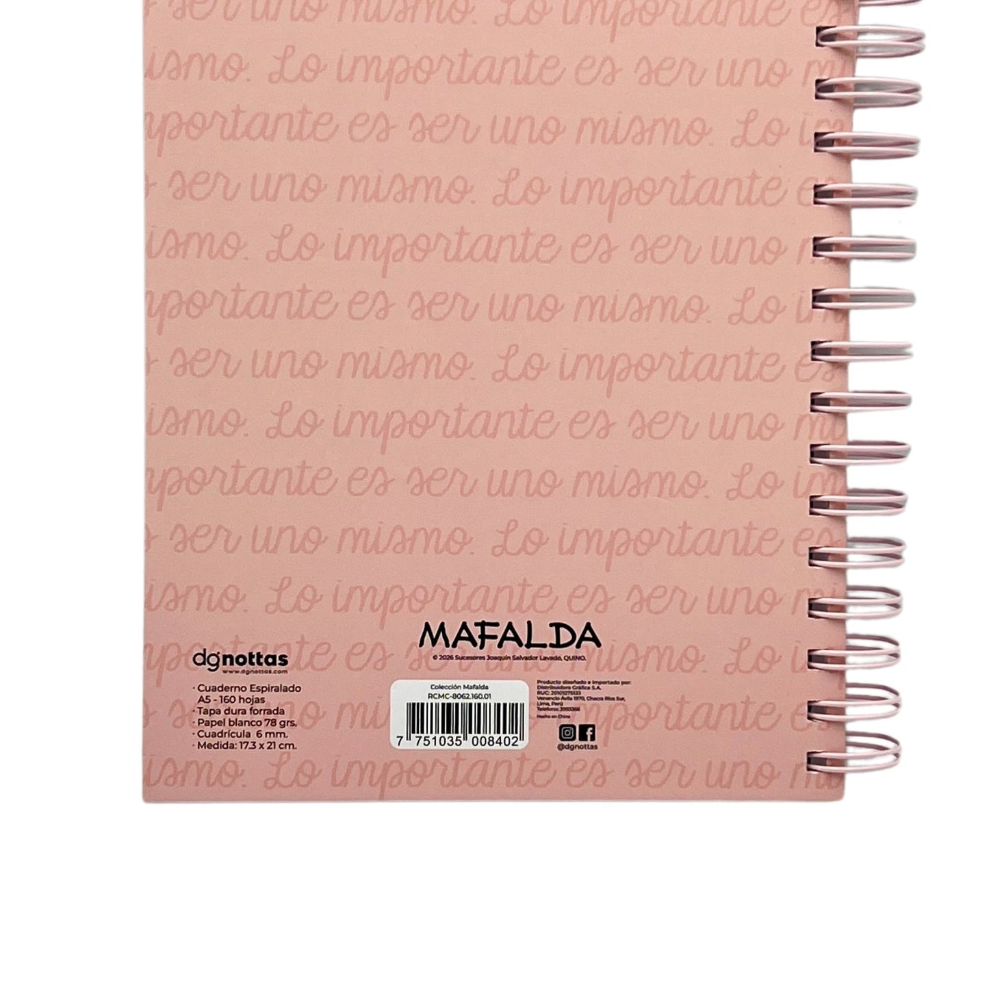 Cuaderno A5 Mafalda rosado pastel